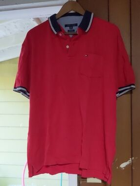 Tommy Hilfiger Red Polo Contrast Navy Collar